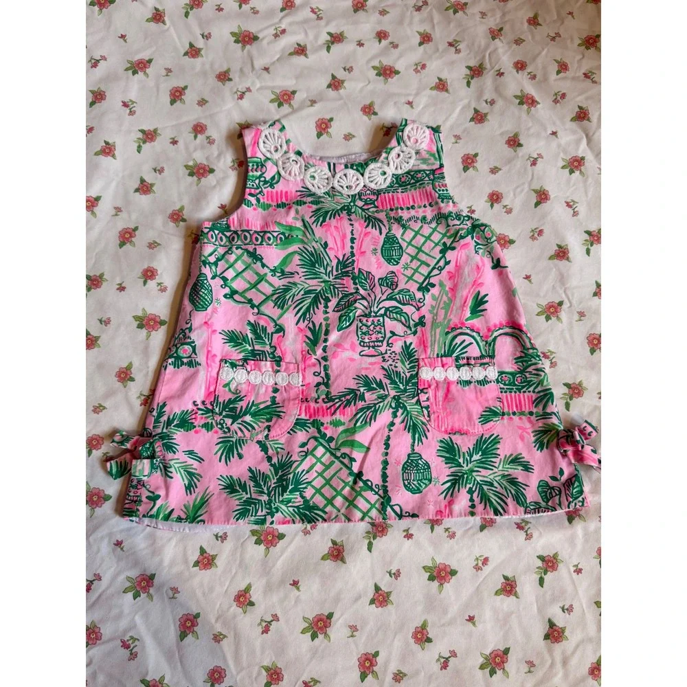 Lilly Pulitzer Baby Girls Pink Green Tropical Palm Shift Dress Bloomers 12-18M